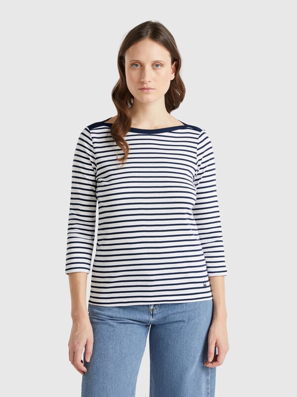 T-shirt rayé à manches 3/4 en pur coton Femme
