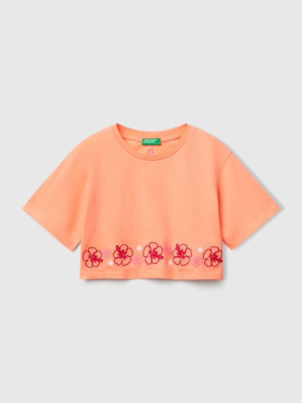 T-shirt orange avec broderie fleurs Filles
