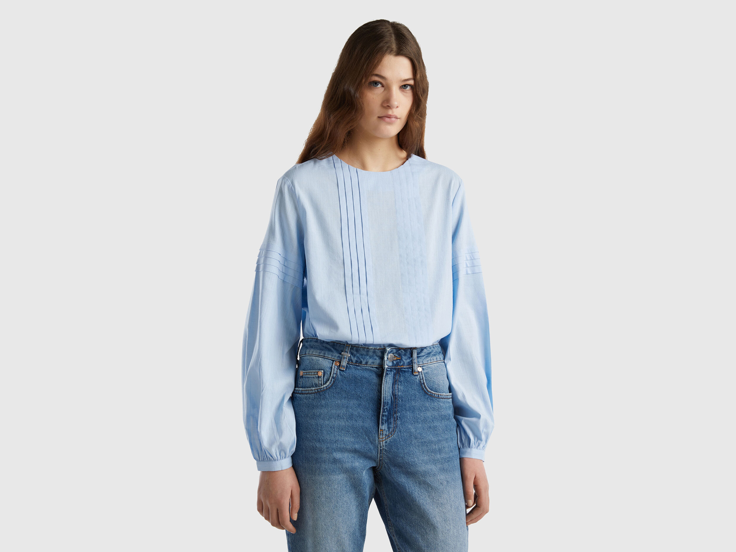 Blouse pliss e en viscose m lang e Bleu Ciel Benetton