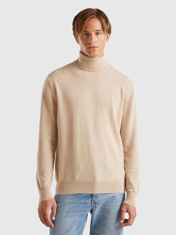 Pull à col roulé beige en pur cachemire Homme