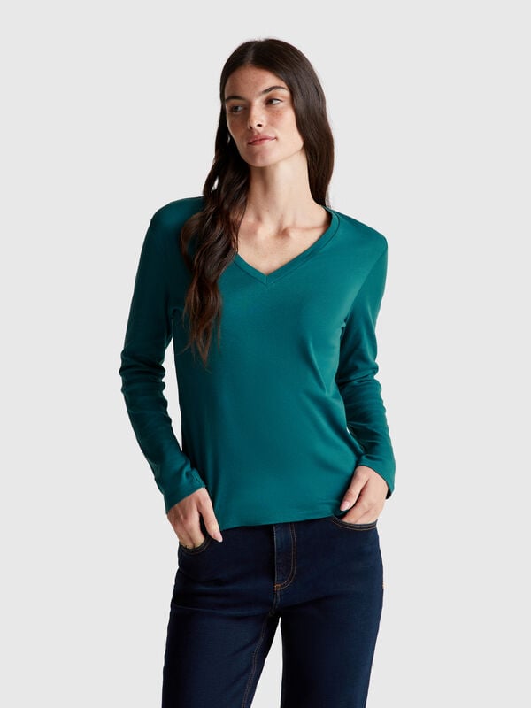T-shirt col V vert foncé Femme