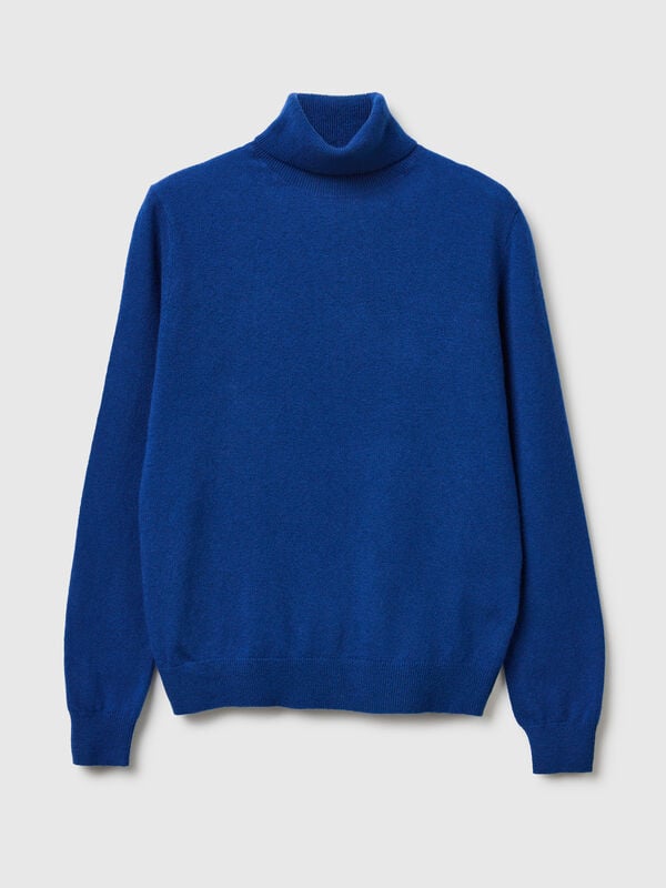 Pull col roulé bleu en pure laine mérinos Femme