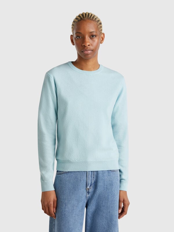 Pull turquoise à col rond en laine mérinos Femme