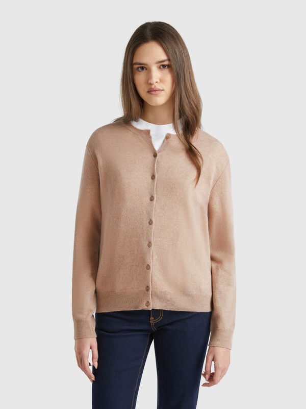 Gilet beige à col rond en pure laine mérinos Femme