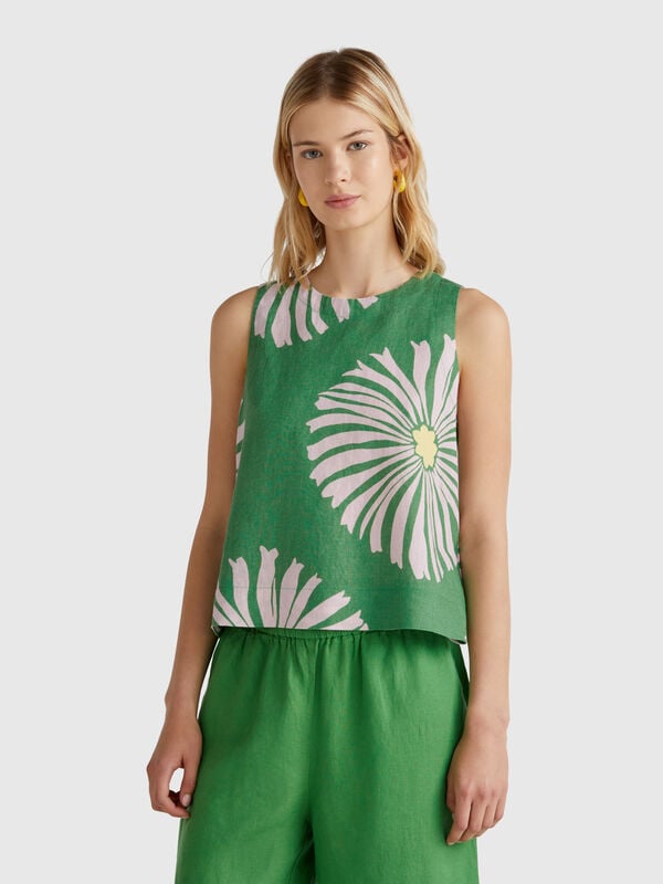 Top imprimé en pur lin Femme