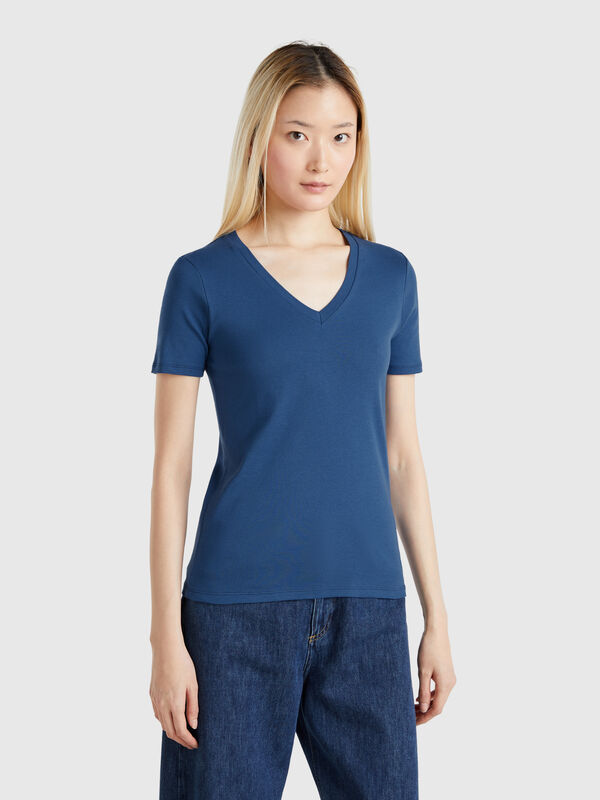 T-shirt bleu avio en pur coton à col en V Femme