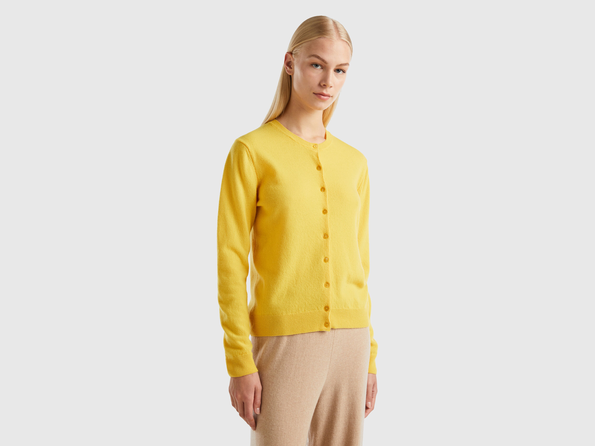Gilet jaune col rond en pure laine m rinos Jaune Benetton