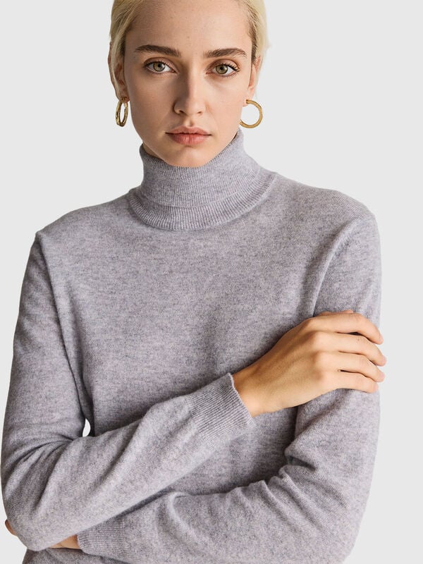 Pull col roulé gris chiné en pure laine mérinos Femme