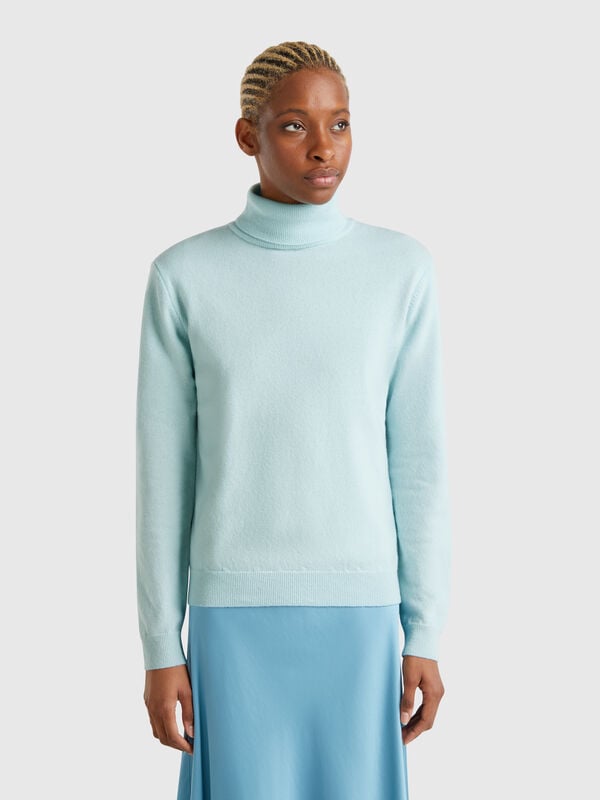 Pull turquoise à col montant en pure laine mérinos Femme