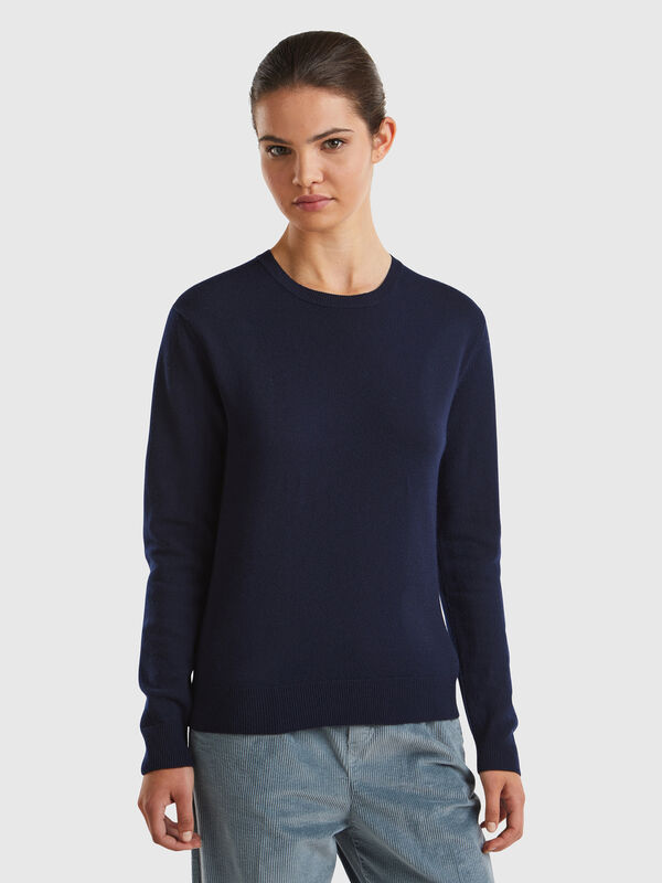 Pull bleu nuit à col rond en laine mérinos Femme