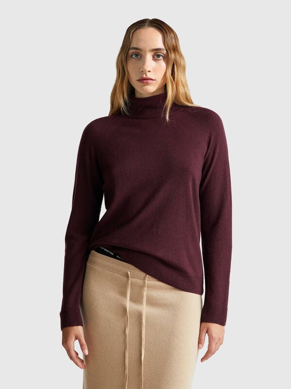 Pull col roulé marron brûlé en mélange de laine et de cachemire Femme