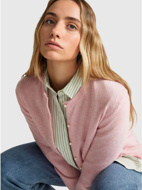 Cardigan rose en pure laine mérinos Femme