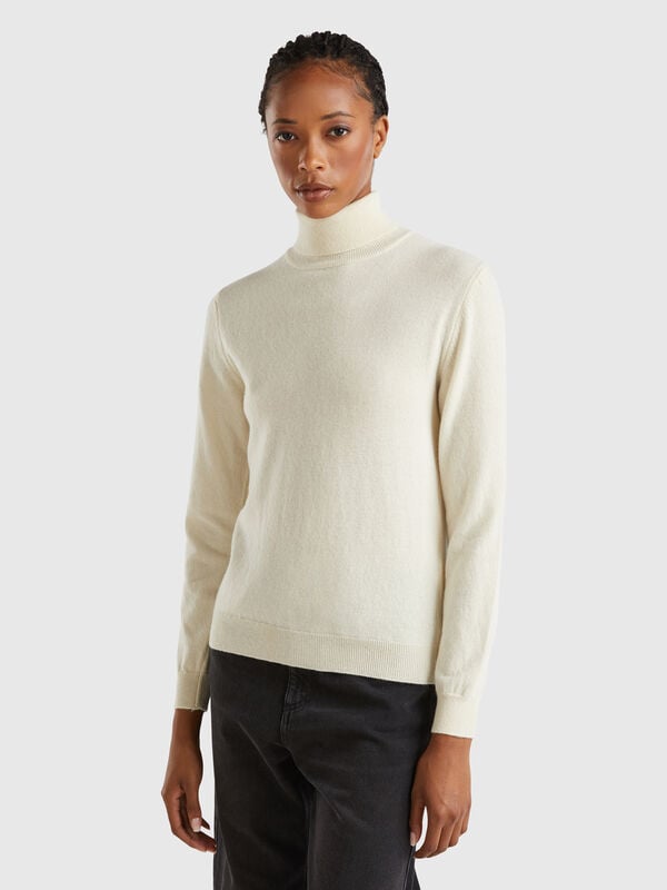 Pull col roulé beige en pure laine Mérinos Femme