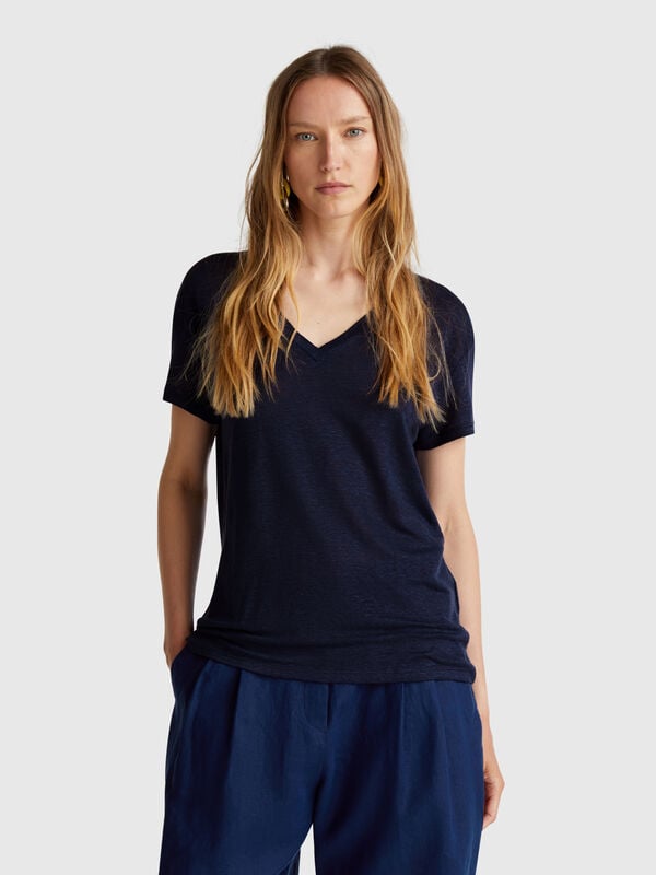 T-shirt col V en pur lin Femme