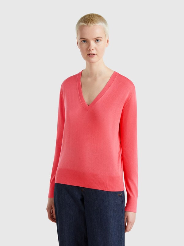 Pull col V en soie mélangée Femme