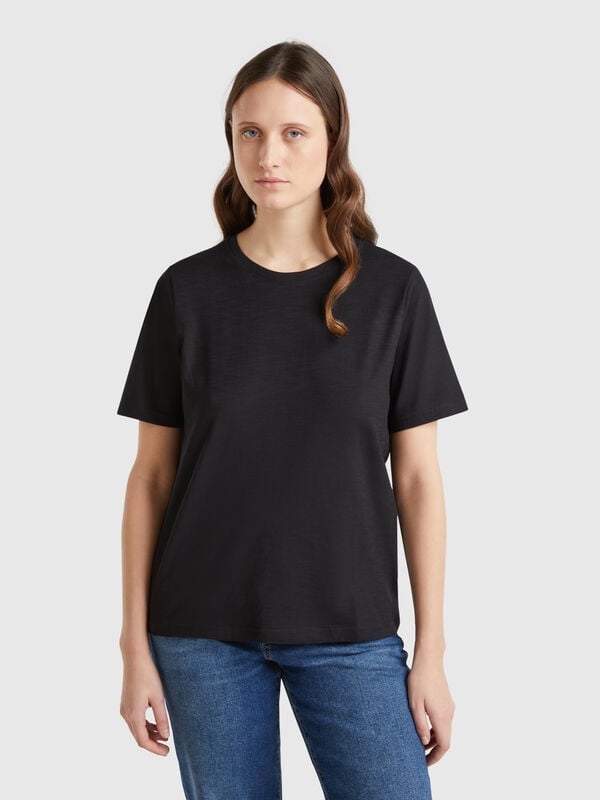 T-shirt à col rond en coton flammé Femme