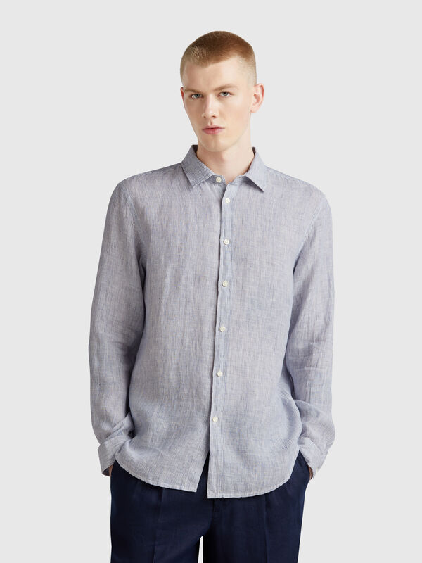 Chemise bleue à motifs en pur lin Homme