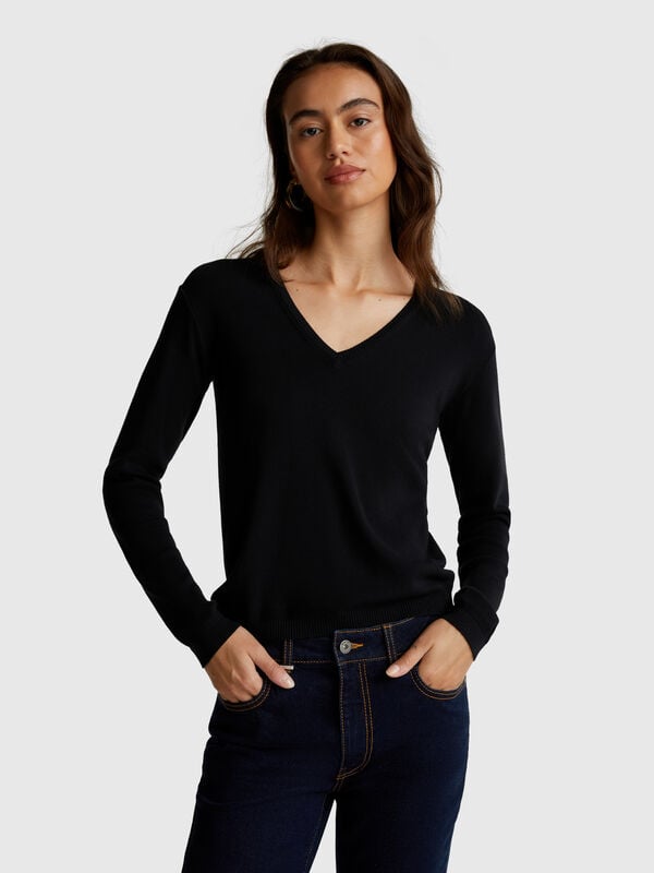 Pull col V en pur coton Femme