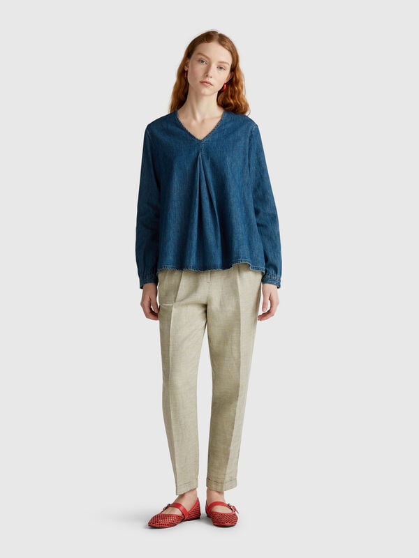 Pantalon en lin mélangé à carreaux Femme