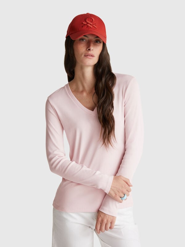 T-shirt rose à col en V Femme