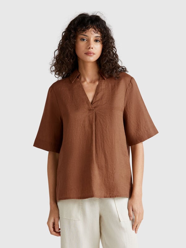 Blouse à manches courtes en pur lin Femme