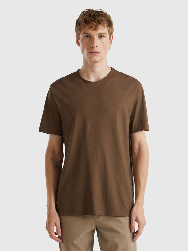 T-shirt couleur café en coton flammé Homme