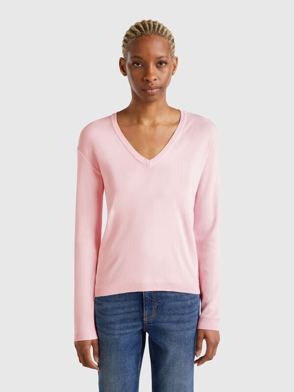 Pull en pur coton à col en V Femme