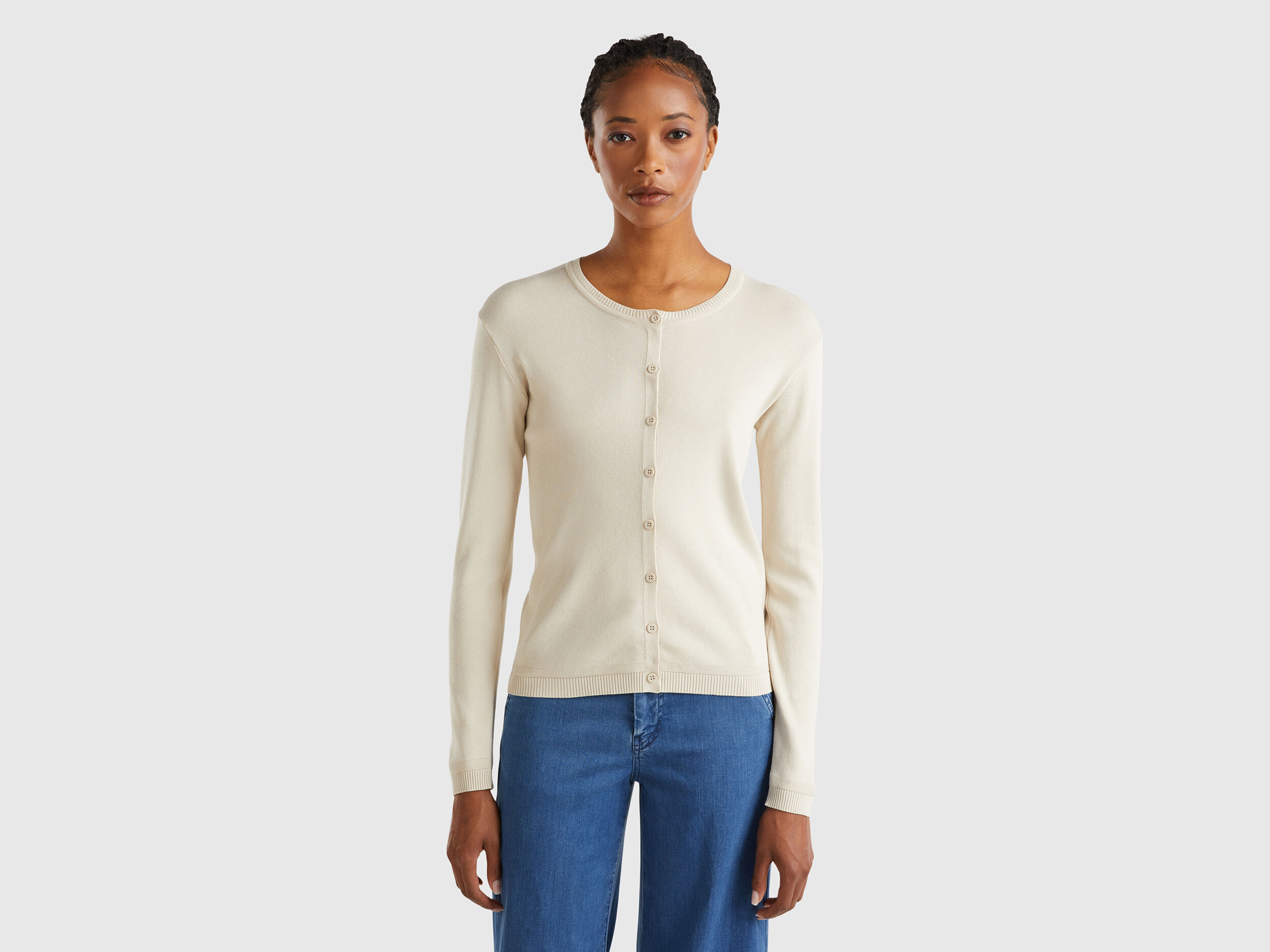 Gilet a col rond en pur coton Beige Benetton