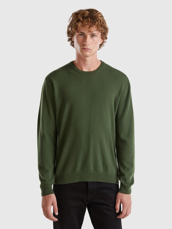 Pull col rond vert olive en pure laine mérinos Homme