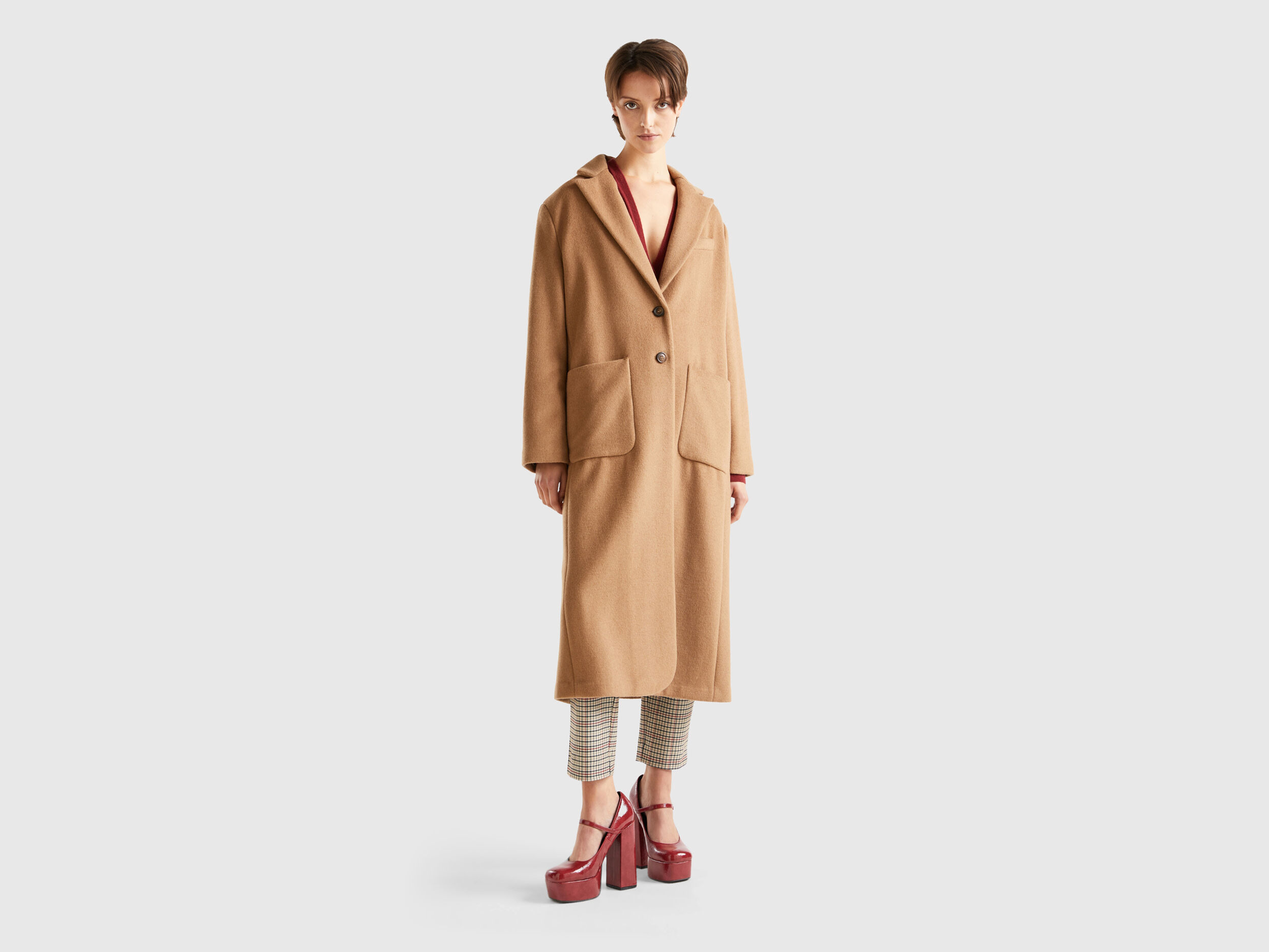 Manteau midi en laine Shetland m lang e Camel Benetton