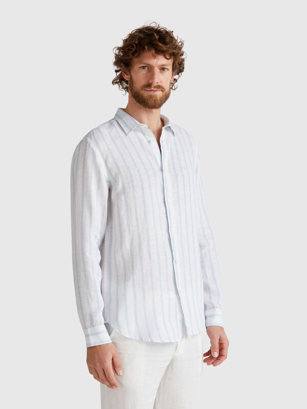 Chemise rayée bleu clair et blanche en pur lin Homme