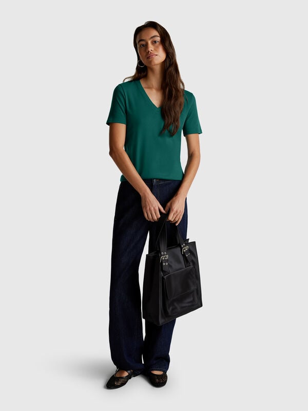 T-shirt col V en pur coton Femme