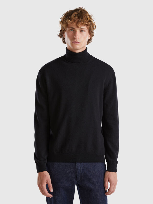 Pull à col montant noir en pure laine mérinos Homme