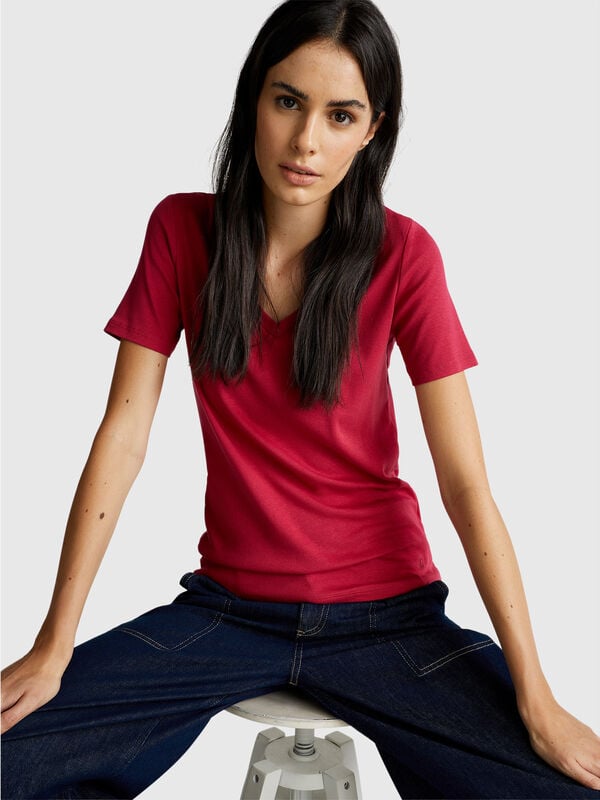 T-shirt col V en pur coton Femme