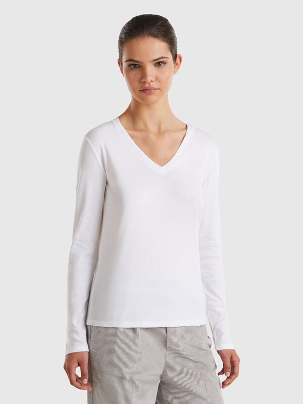 T-shirt manches longues col V Femme