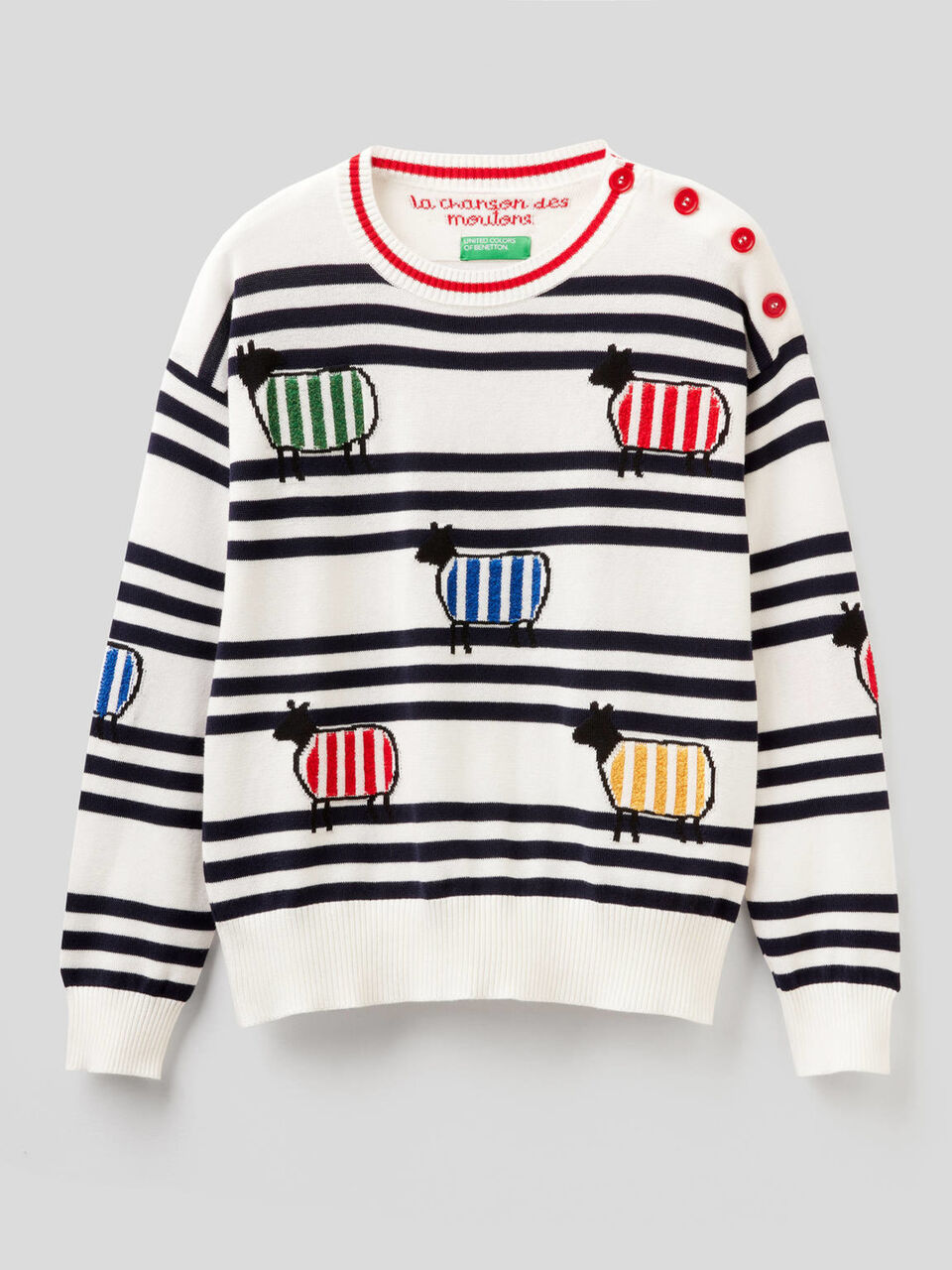 Pull 100% coton avec rayures et motifs en intarsia image number 1