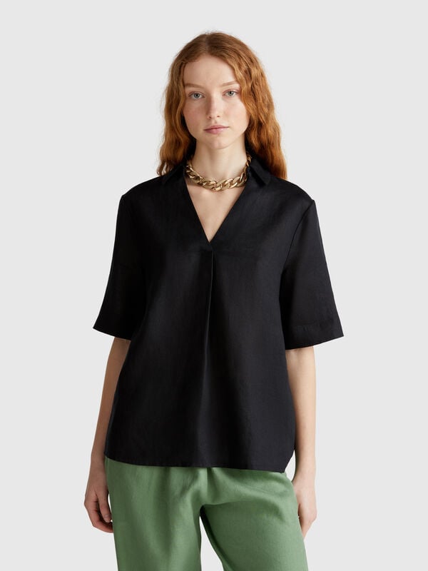 Blouse à manches courtes en pur lin Femme