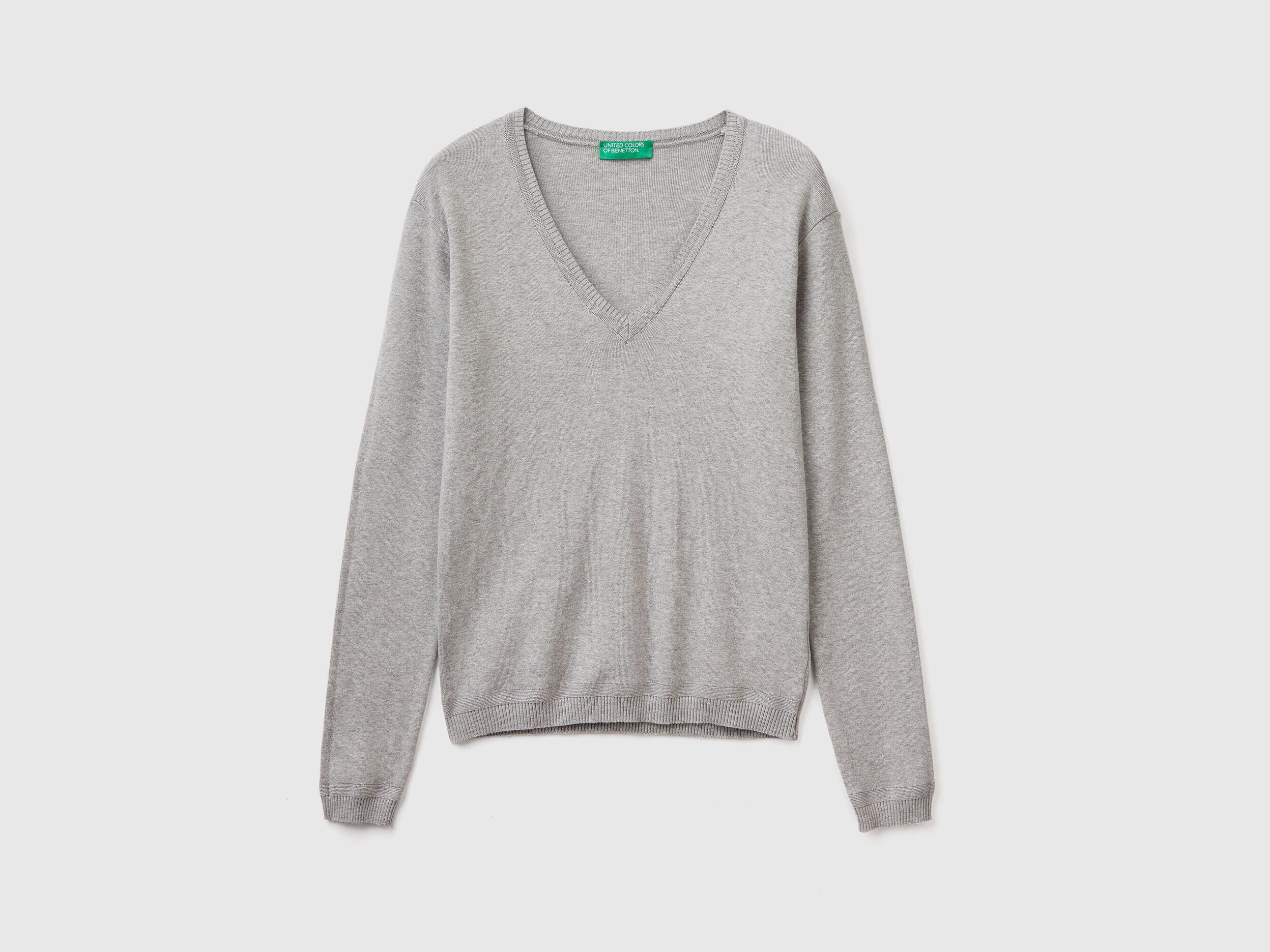 Pull en pur coton col en V Gris Clair Benetton