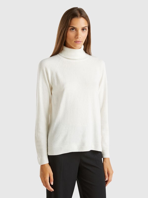 Pull crème à col montant en mélange de laine et de cachemire Femme