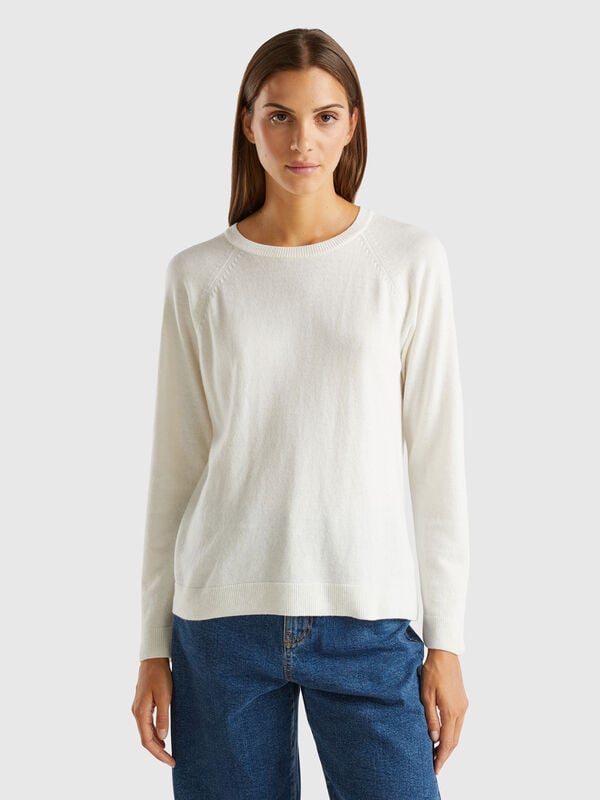 Pull crème à col rond en mélange de laine et de cachemire Femme