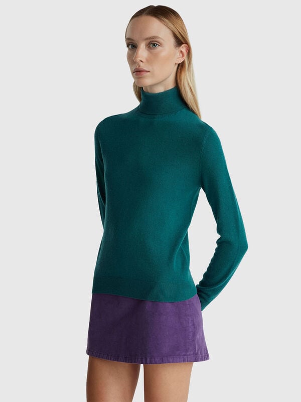 Pull col roulé vert en pure laine mérinos Femme