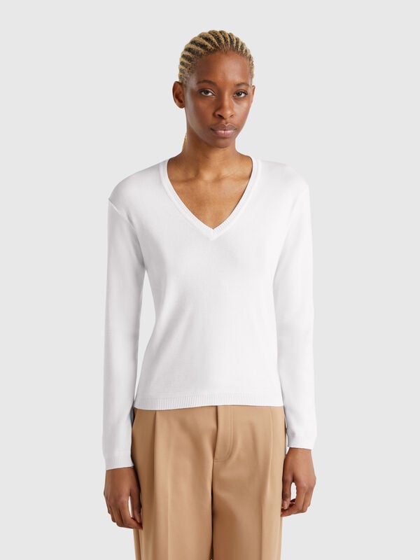 Pull blanc à col en V Femme