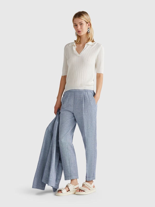 Pantalon en lin mélangé à carreaux Femme