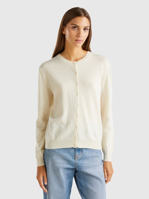 Gilet crème à col rond en pure laine mérinos Femme