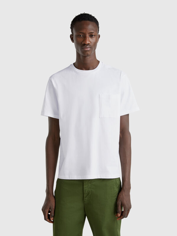 T-shirt blanc en coton bio à petite poche Homme
