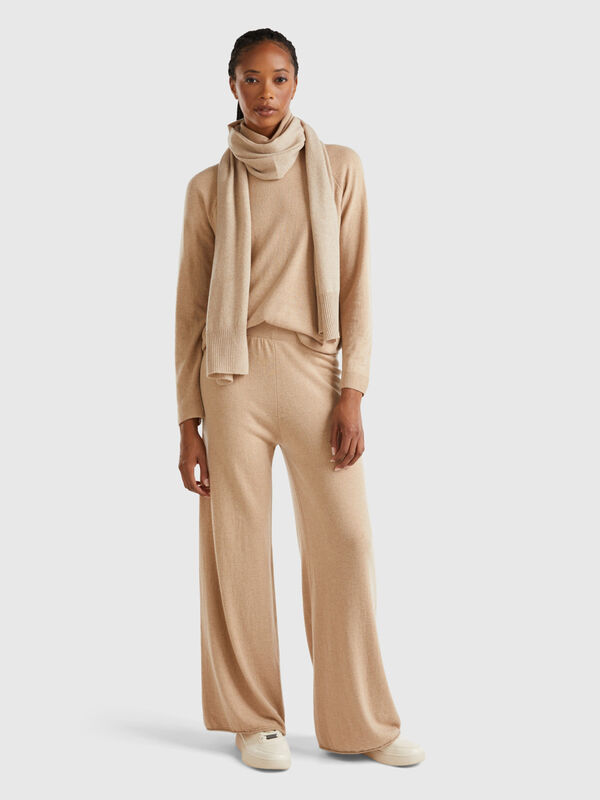 Pantalon ample beige en mélange de laine et de cachemire Femme