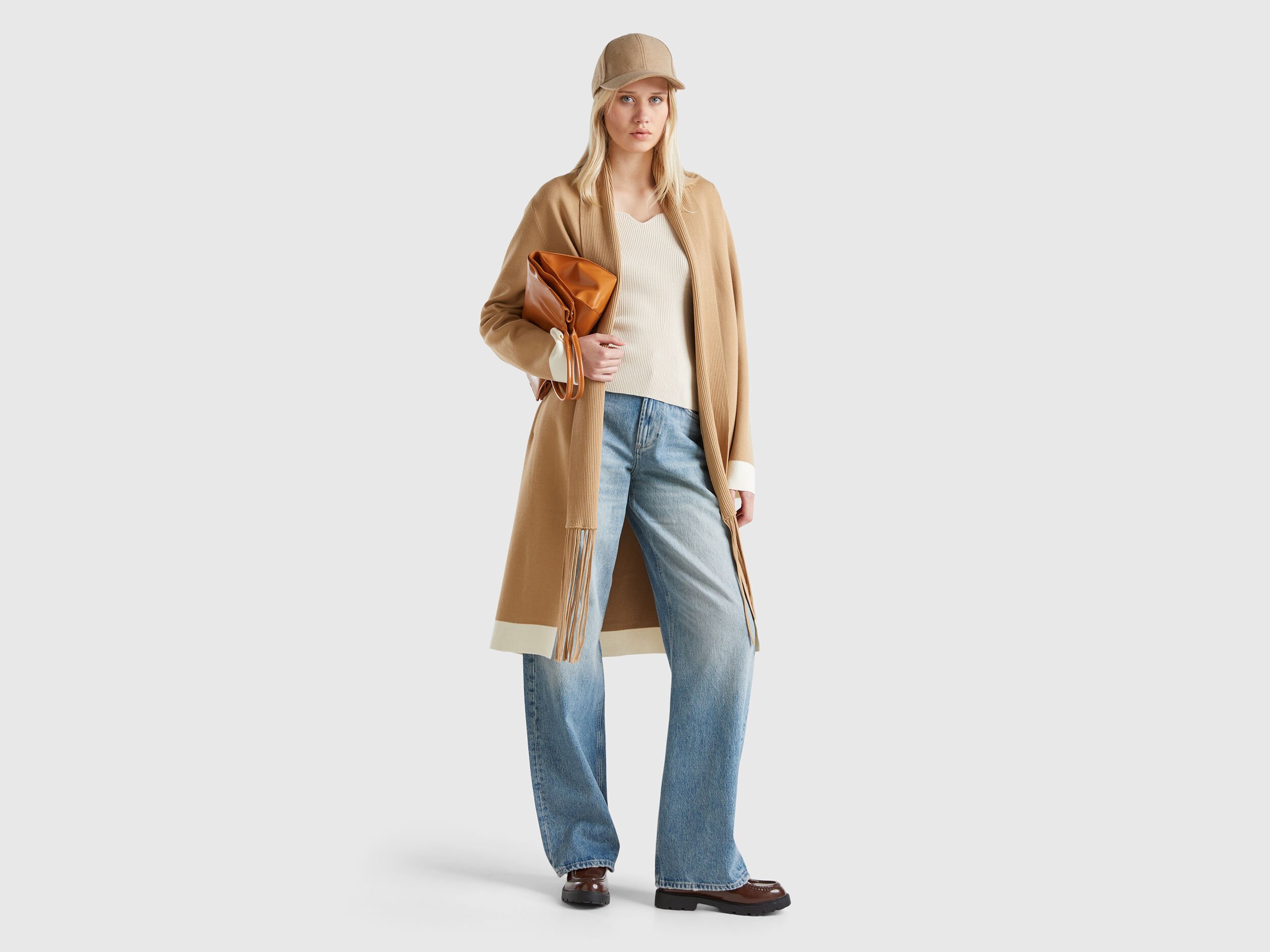Manteau en maille a franges Camel Benetton