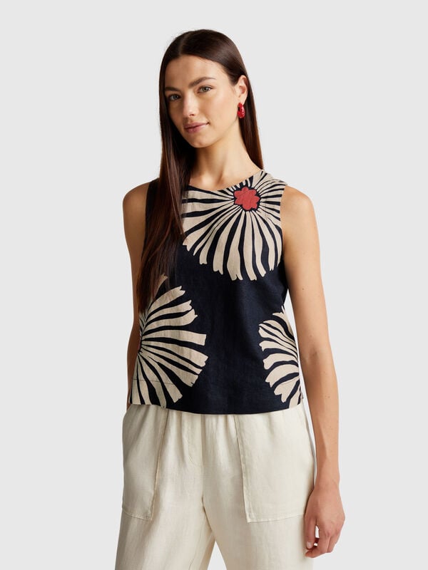 Top imprimé en pur lin Femme