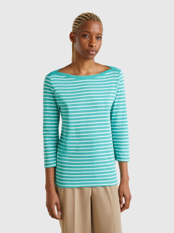 T-shirt rayé à manches 3/4 en pur coton Femme