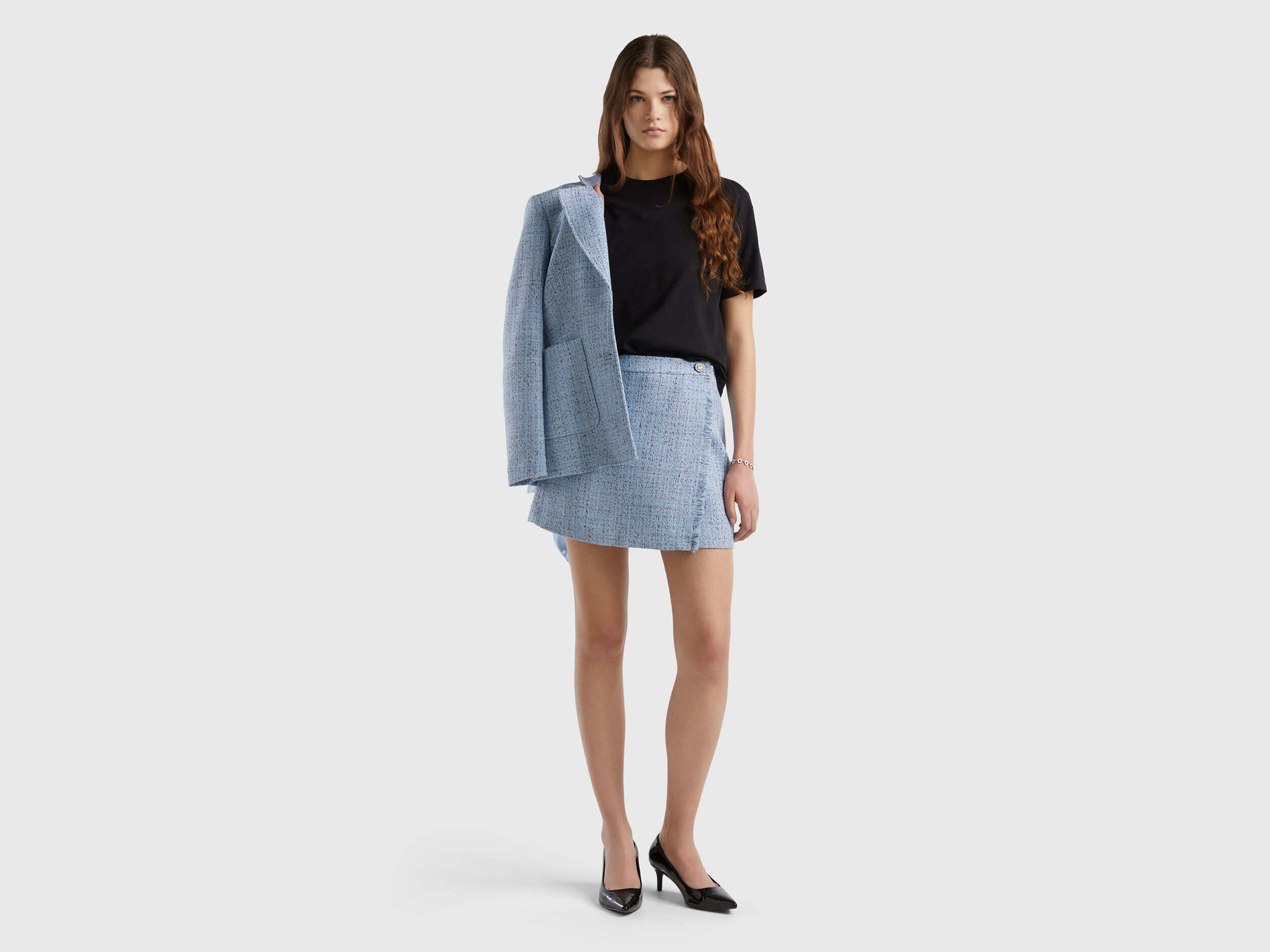 Mini jupe en tweed Bleu Clair Benetton